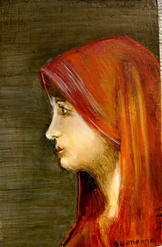 Le regard égnimatique sous un voile écarlate von Lisbeth Buonanno, Malerei kaufen auf Singulart