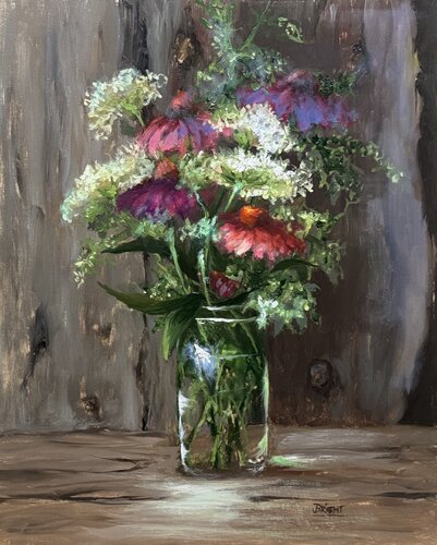 Echinacea With Wood Plank by Julia Bright, 油畫 for Sale on Singulart