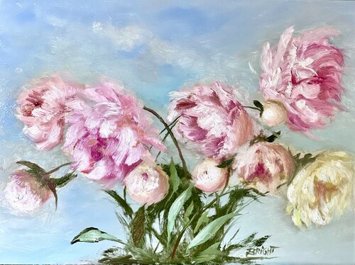 Peonies On Blue van Julia Bright, Schilderij te koop op Singulart