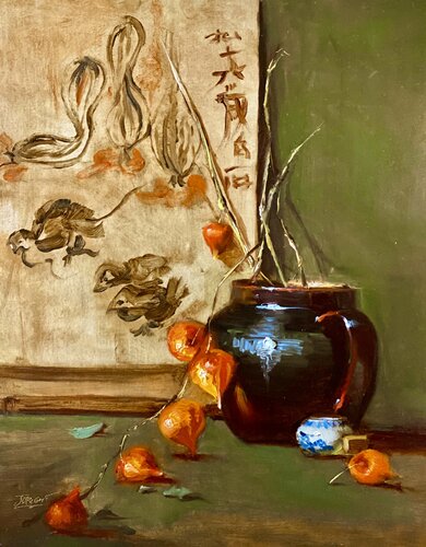 Chinese Lanterns with Brown Pot van Julia Bright, Schilderij te koop op Singulart