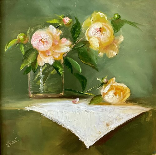 Peonies in Glass Vase van Julia Bright, Schilderij te koop op Singulart