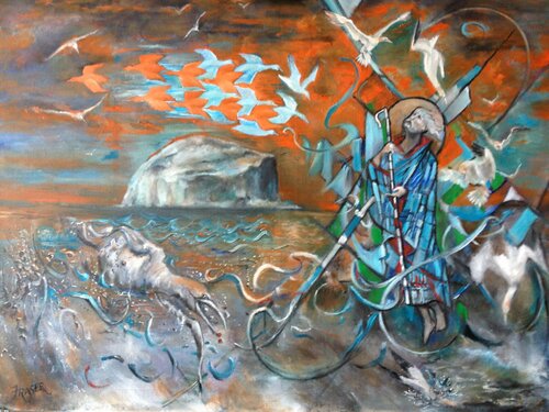 ST BALDREDS JOURNEY TO BASS ISLAND von Steve Fraser, Malerei kaufen auf Singulart