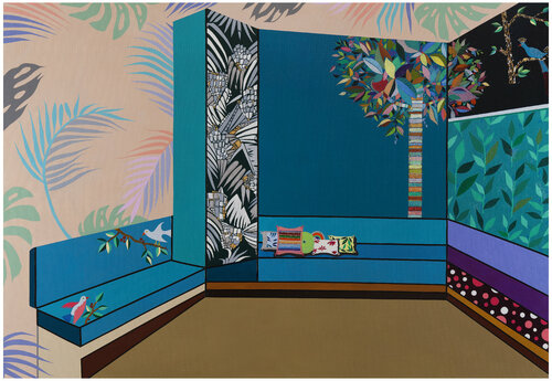 Comfortable indoor space with sofa and cushion de Mia Kim, Pintura a la venta en Singulart