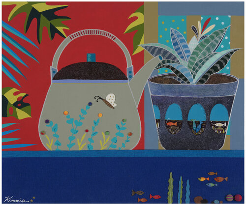 One afternoon with kettle and flower port di Mia Kim, Pittura in vendita su Singulart