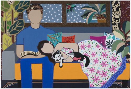 Comfortable and happy daily life of a man, his wife and their cat von Mia Kim, Malerei kaufen auf Singulart