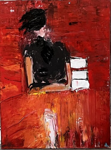 Fond rouge pour une dame en noir di Marie Rouach, Pittura in vendita su Singulart