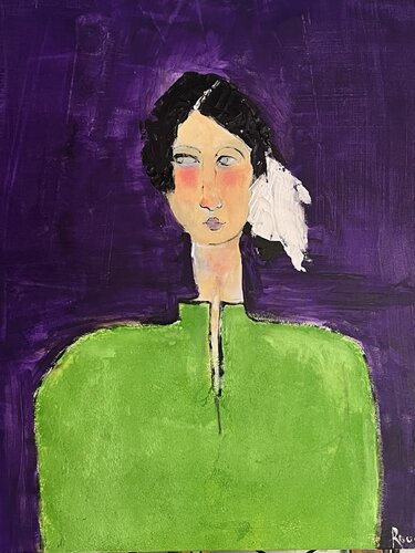 Jeune fille en habit vert di Marie Rouach, Pittura in vendita su Singulart