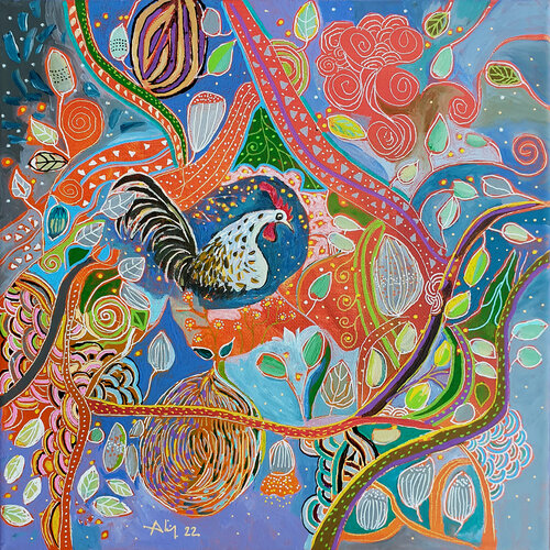 Coq aux fleurs di Philippe Abril, Pittura in vendita su Singulart