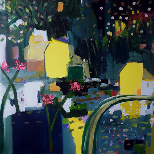 Trois maisons jaunes en forêt par Philippe Abril, Peinture en vente sur Singulart