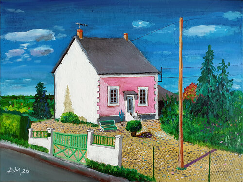 Maison rose à Ségry di Philippe Abril, Pittura in vendita su Singulart