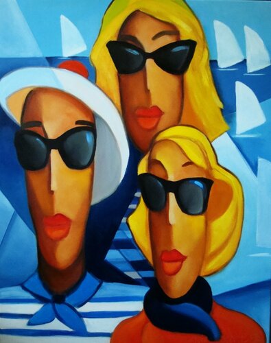 Mademoiselle on a sailing boat van Angelika Bes, Schilderij te koop op Singulart
