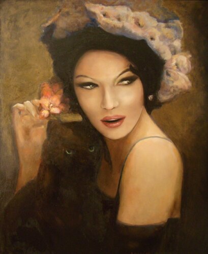 Freesia and her cat van Angelika Bes, Schilderij te koop op Singulart