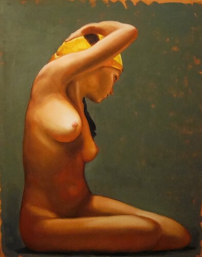 Model with a yellow turban van Angelika Bes, Schilderij te koop op Singulart
