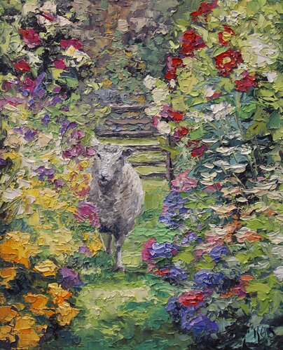 Sheep And Garden van Kristen Olson Stone, Schilderij te koop op Singulart
