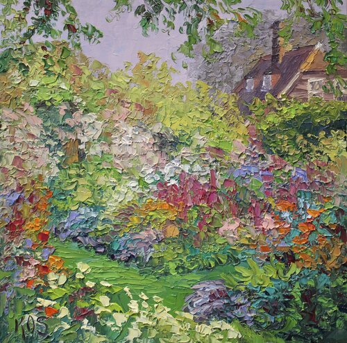 Misty Morning Garden van Kristen Olson Stone, Schilderij te koop op Singulart