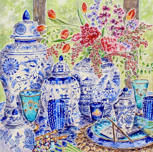 Chinoiserie Table Style di Kristen Olson Stone, Pittura in vendita su Singulart