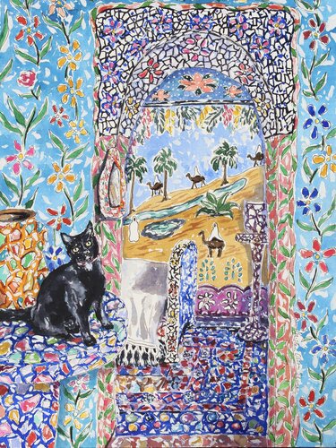 The Black Cat And The Flowers Share A Silent Sound di Kristen Olson Stone, Pittura in vendita su Singulart