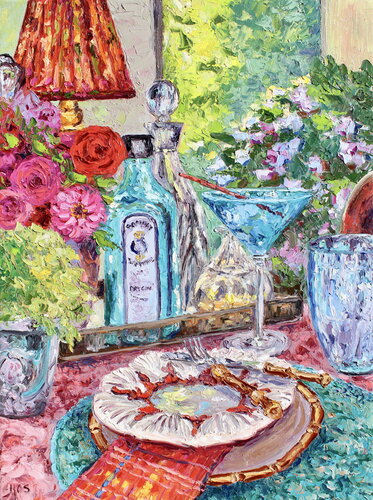 Sunlit Sapphire And Zinnias by Kristen Olson Stone, Painting for Sale on Singulart