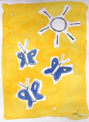 BLUE BUTTERFLIES ARE FLYING TO THE SUN von Hari Beierl, Werk auf Papier kaufen auf Singulart