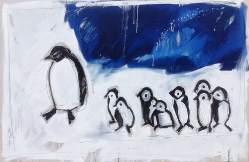 ONE PENGUIN WITH 8 BABIES WADDLES IN THE SNOW von Hari Beierl, Malerei kaufen auf Singulart