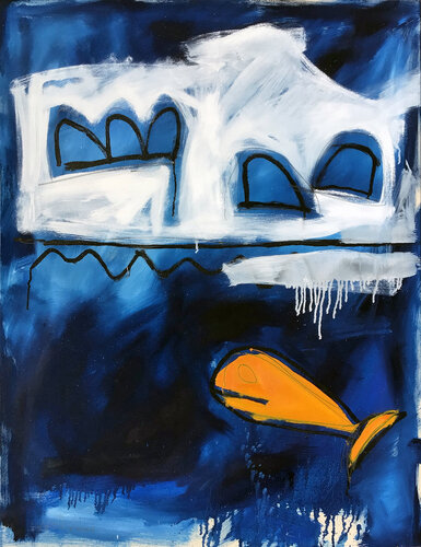 AN ORANGE WHALE VISITS INUITS von Hari Beierl, Malerei kaufen auf Singulart