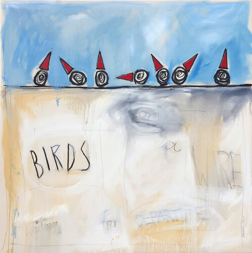 BIRDS ON A WIRE WATING FOR DEPARTURE von Hari Beierl, Malerei kaufen auf Singulart
