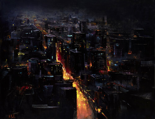 City street Urban Night Painting di Bozhena Fuchs, Pittura in vendita su Singulart