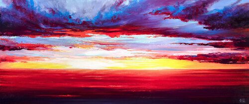 Red Sunset at the sea. Colorful Sky Oil Painting di Bozhena Fuchs, Pittura in vendita su Singulart