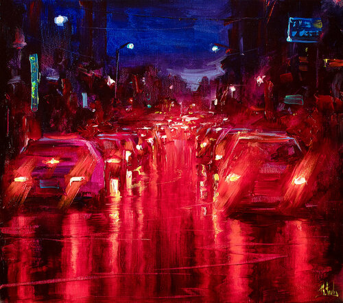 Red lights. City street painting. di Bozhena Fuchs, Pittura in vendita su Singulart