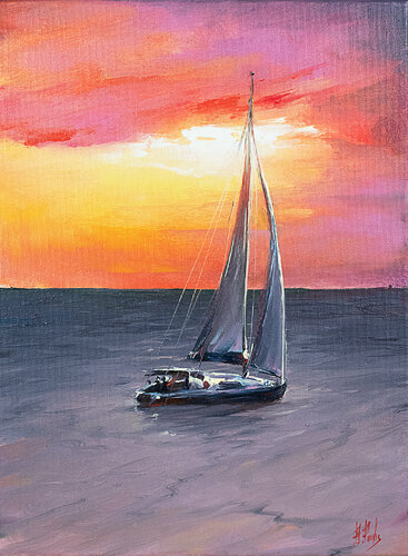 Sailing art sunset van Bozhena Fuchs, Schilderij te koop op Singulart