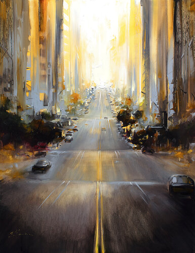 Sunrise over the city di Bozhena Fuchs, Pittura in vendita su Singulart