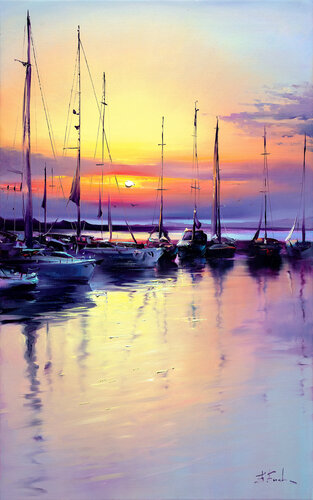 Peaceful sea with sleeping boats by Bozhena Fuchs, 회화 for Sale on Singulart