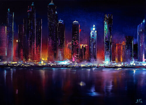 Dubai skyline painting di Bozhena Fuchs, Pittura in vendita su Singulart