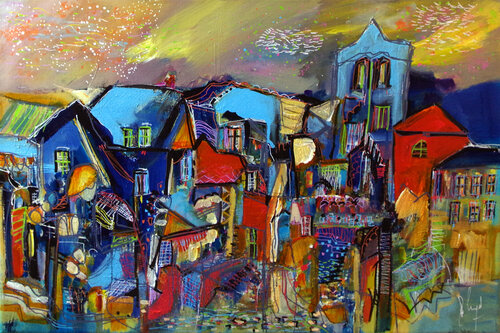 Les toits bleus di Muriel Cayet, Pittura in vendita su Singulart