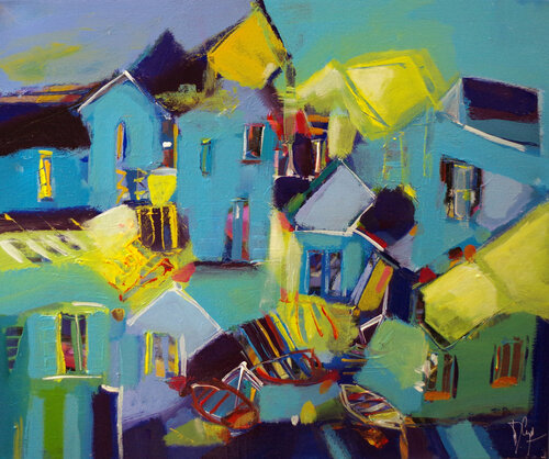 Maisons bleues di Muriel Cayet, Pittura in vendita su Singulart
