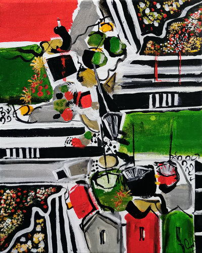 Marine en rouge et vert au phare blanc von Muriel Cayet, Malerei kaufen auf Singulart