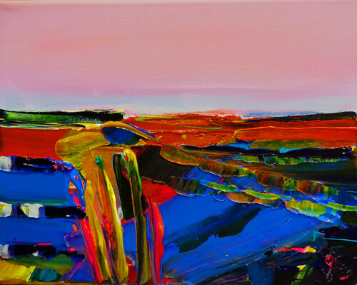 Paysage composé: tourbières du bout du monde au ciel rose von Muriel Cayet, Malerei kaufen auf Singulart