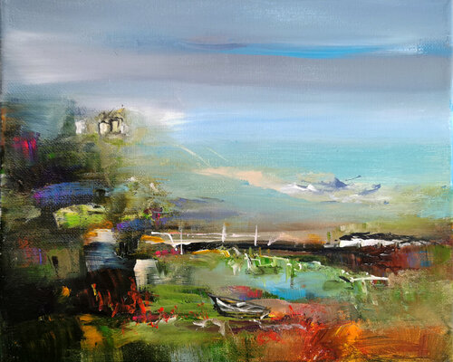 Un château dans le ciel van Muriel Cayet, Schilderij te koop op Singulart