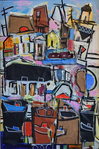 Phares, balises et maisons de pêcheurs: quartier balnéaire di Muriel Cayet, Pittura in vendita su Singulart