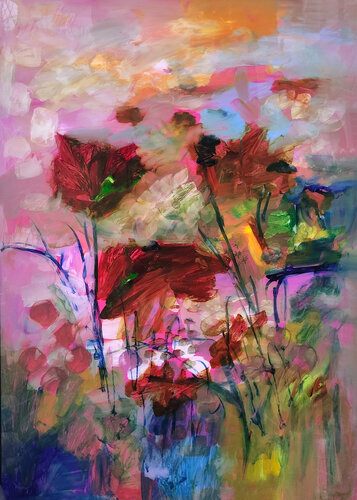 Souffle de vert et de rose di Muriel Cayet, Pittura in vendita su Singulart