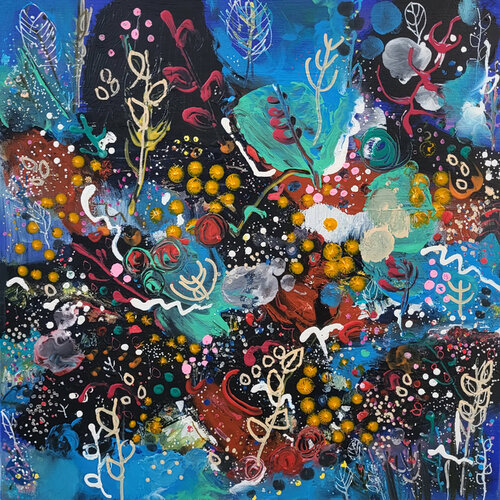Jardin nocturne au gerbera by Muriel Cayet, Painting for Sale on Singulart