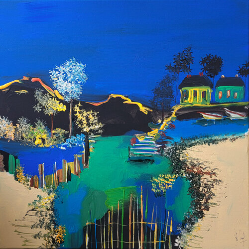 Au proche des eaux bleues di Muriel Cayet, Pittura in vendita su Singulart