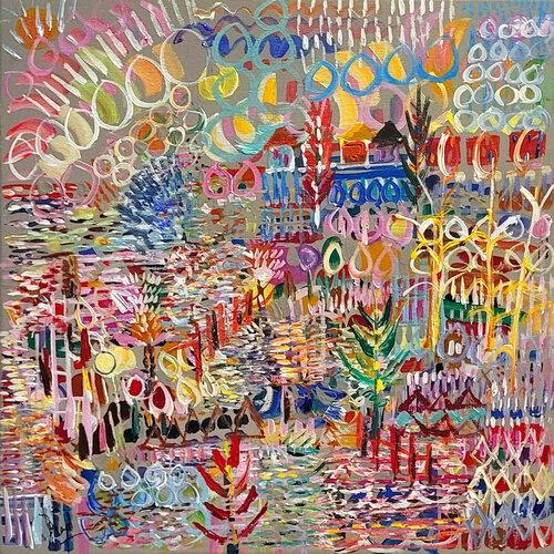 Le jardin Polka - En exclusivité sur SINGULART van Muriel Cayet, Schilderij te koop op Singulart