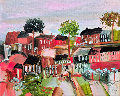 Le village parle en rose / En exclusivité sur SINGULART di Muriel Cayet, Pittura in vendita su Singulart