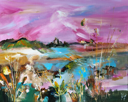 Un ciel rose dans les détours des ruines van Muriel Cayet, Schilderij te koop op Singulart