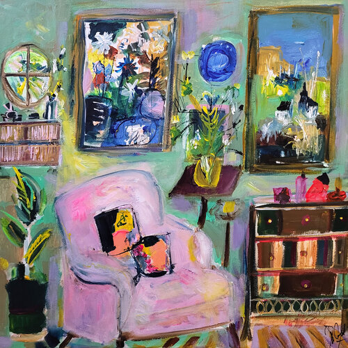 Fauteuil rose à la marqueterie de paille Muriel Cayet