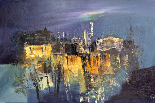 Les toits brillent sous leurs éclats van Muriel Cayet, Schilderij te koop op Singulart