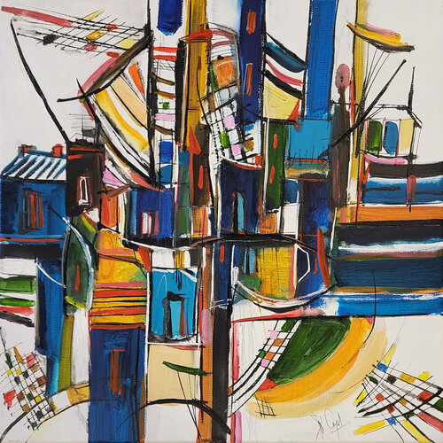 Une ville géométrique au loin di Muriel Cayet, Pittura in vendita su Singulart