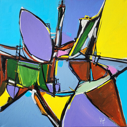 Zeebrugge en jaune et mauve de Muriel Cayet, Pintura a la venta en Singulart