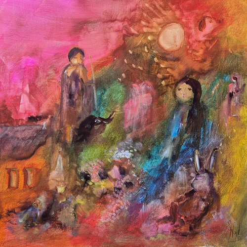 Raconter l'histoire de l'éléphanteau et du lapin tranquille par Muriel Cayet, Peinture en vente sur Singulart